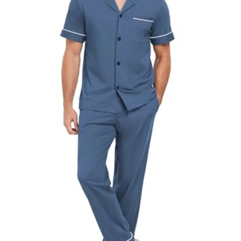 Men's Cotton Pajama Set Short Sleeve Button Down Lounge Sleepwear Classic Comfy